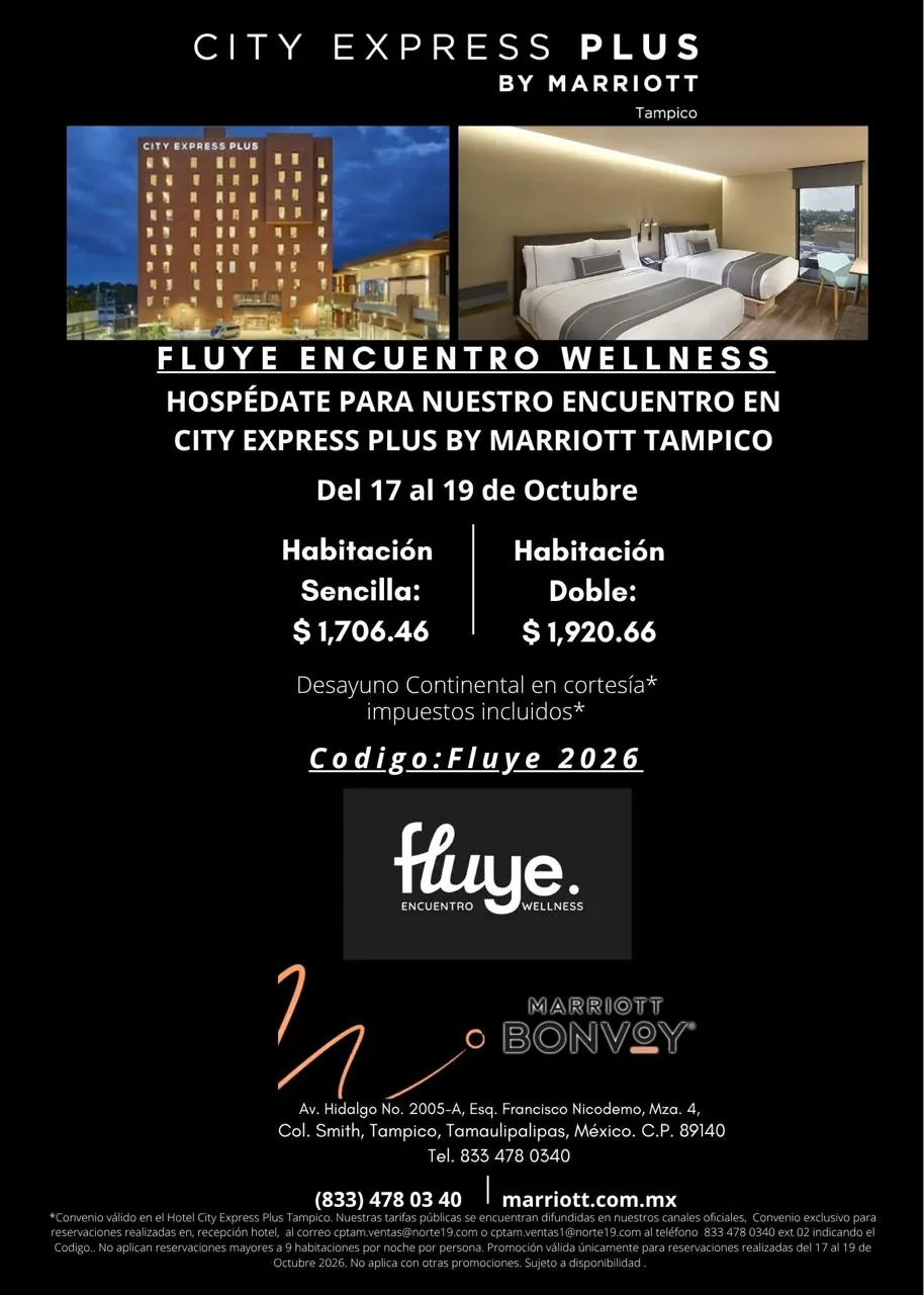 Cartel del convenio Fluye con City Express Plus by Marriott Tampico: tarifas, código Fluye 2026 y condiciones.
